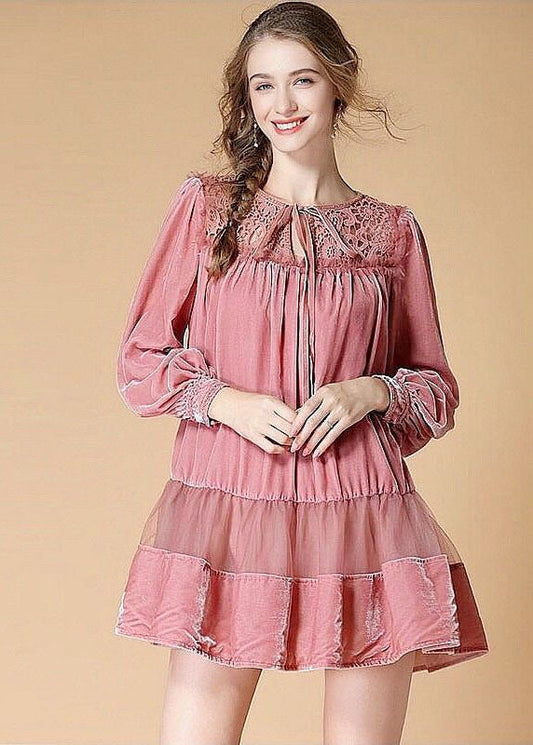Pink Embroideried Lace Up Patchwork Velour Dress Spring
