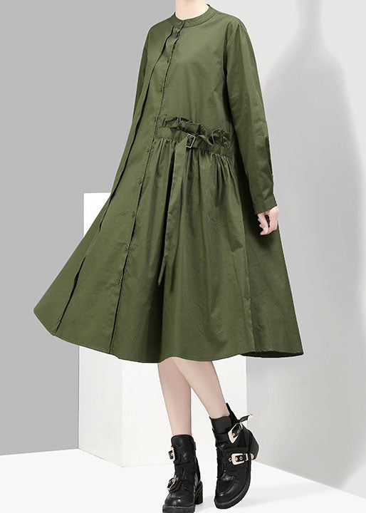 Green Button Asymmetrical Design Stand Collar Shirt Dresses Spring