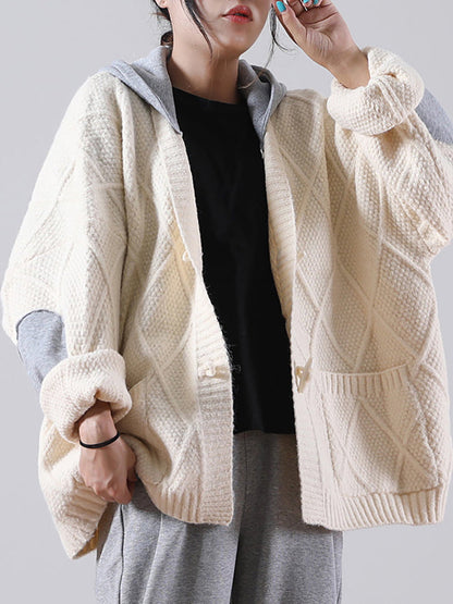 - Hooded Knitted Pocket Patchwork Sweater Coat