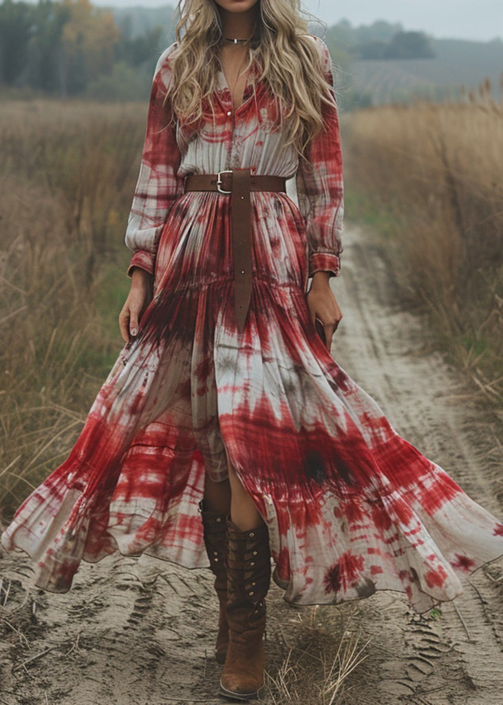 V Neck Tie Dye Cotton Pastoral Style Long Dress