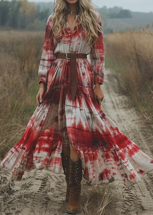 V Neck Tie Dye Cotton Pastoral Style Long Dress