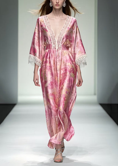 Pink Print Patchwork Lace Robe Dresses Summer