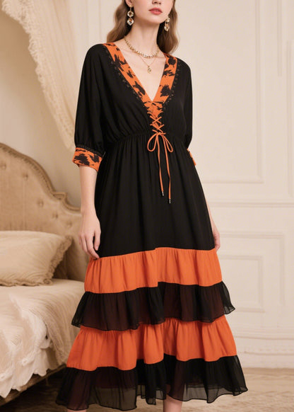 Black Patchwork Cross Strap Chiffon Maxi Dresses Summer