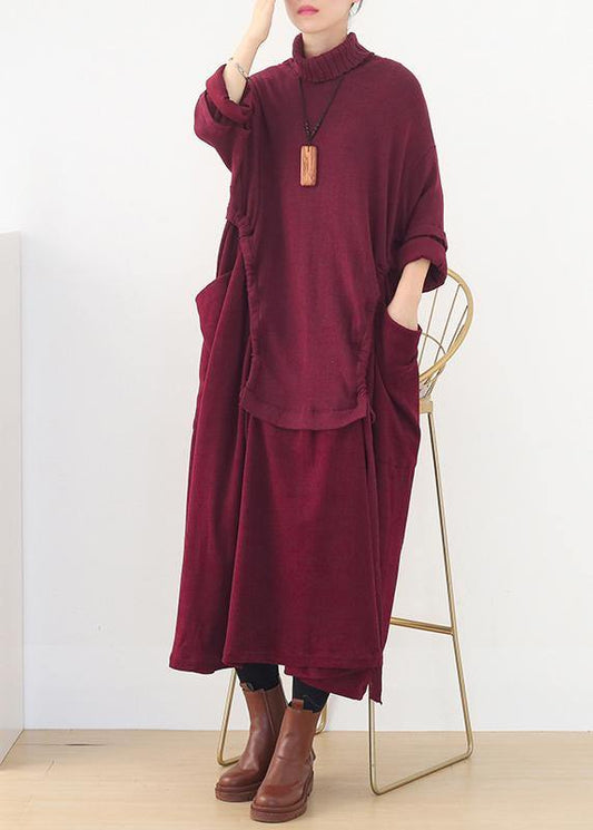 Long Sleeve Sweater High Neck Weather Moda Red Art Sweater Dresses