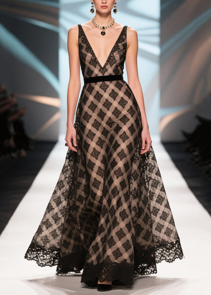 Silm Fit Black Print Patchwork Lace Chiffon Dinner Dress Summer