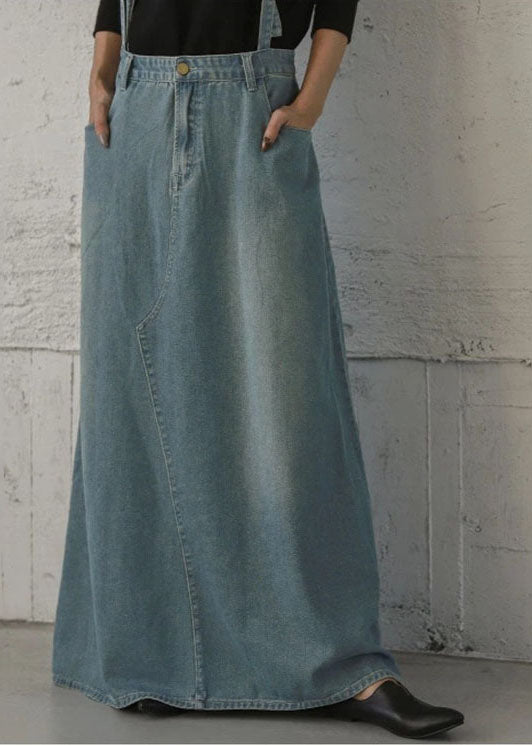 Denim Light Blue Buttons Zipper Side Pockets Ankle Length Skirts