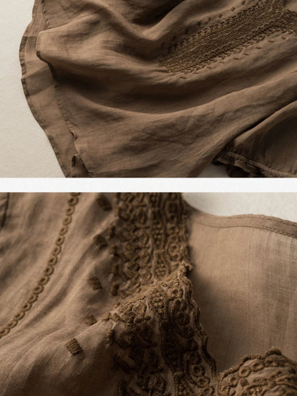 Color V Neck Short Sleeve Linen Top