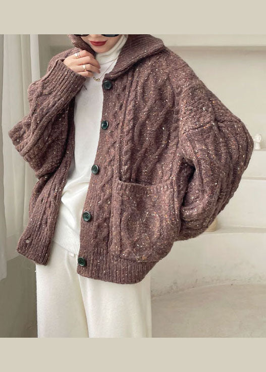 Coffee Peter Pan Collar Button Knit Winter Coat