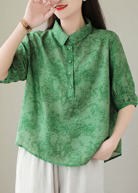 Green Print Cotton Shirts Peter Pan Collar Summer
