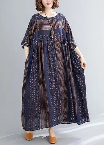 Style O Neck Extra Large Hem Cotton Summer Pattern Work Blue Striped Loose Dress