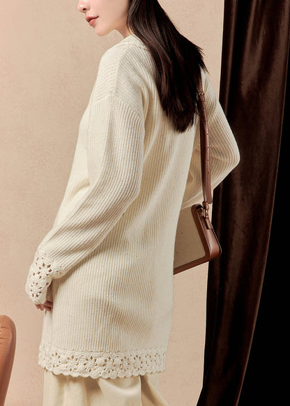 Beige Peter Pan Collar Hollow Out Knit Mid Dress Spring
