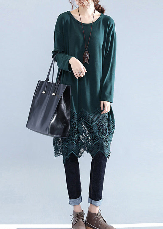 New Blackish Green Cotton Shift Dress Plussize Cotton Clothing Dresses Lace Ruffles Long Sleeve Cotton Dresses