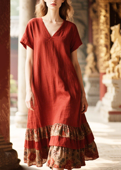 Red Oversized Patchwork Cotton Dress Summer