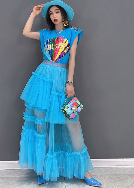 French Blue Applique Ruffled Patchwork Tank Top and Handmade Tulle Skirt Two Pieces Set Summer