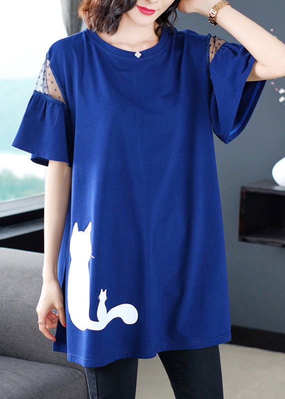 Italian Blue O-neck Print T Shirt Summer