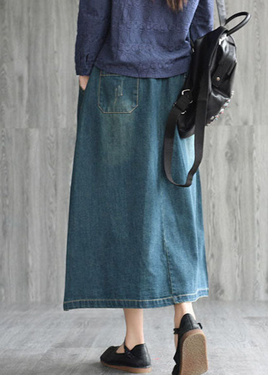 Natural Dark Blue Pockets Embroideried Cotton Denim Skirts