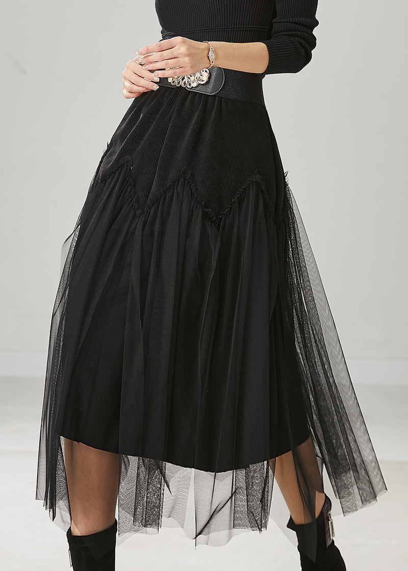 Black High Waist Patchwork Tulle Corduroy Skirts Spring