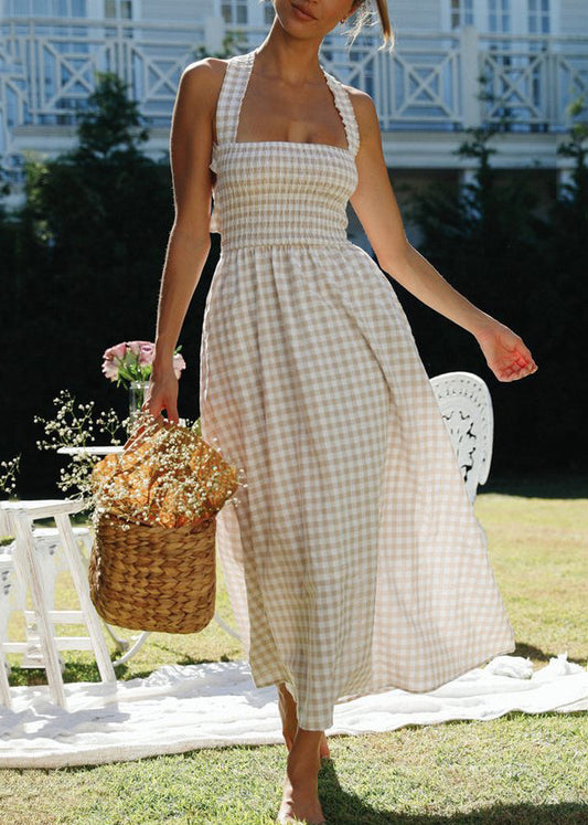 Plaid Backless Lace Up Cotton Long Dresses Sleeveless