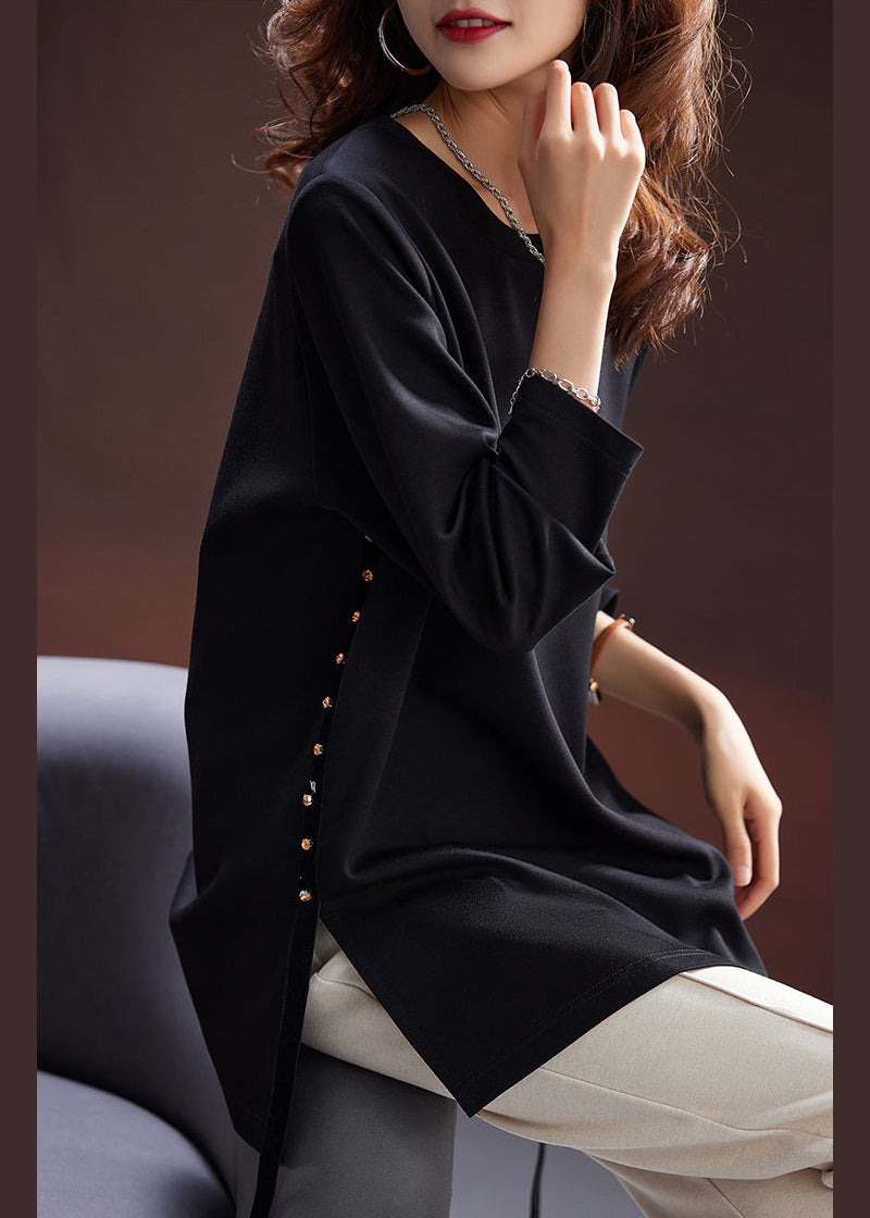 Simple Black Zircon Side Open Cotton T Shirt Spring