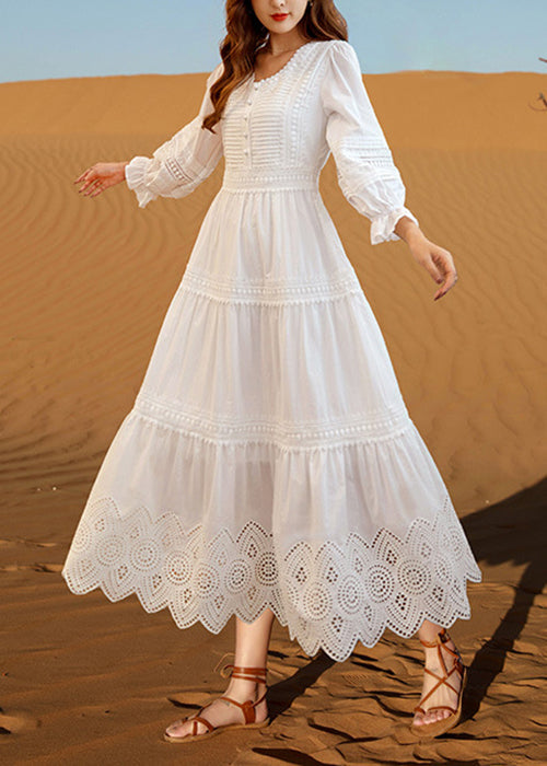 White V Neck Hollow Out Cotton Dresses Butterfly Sleeve