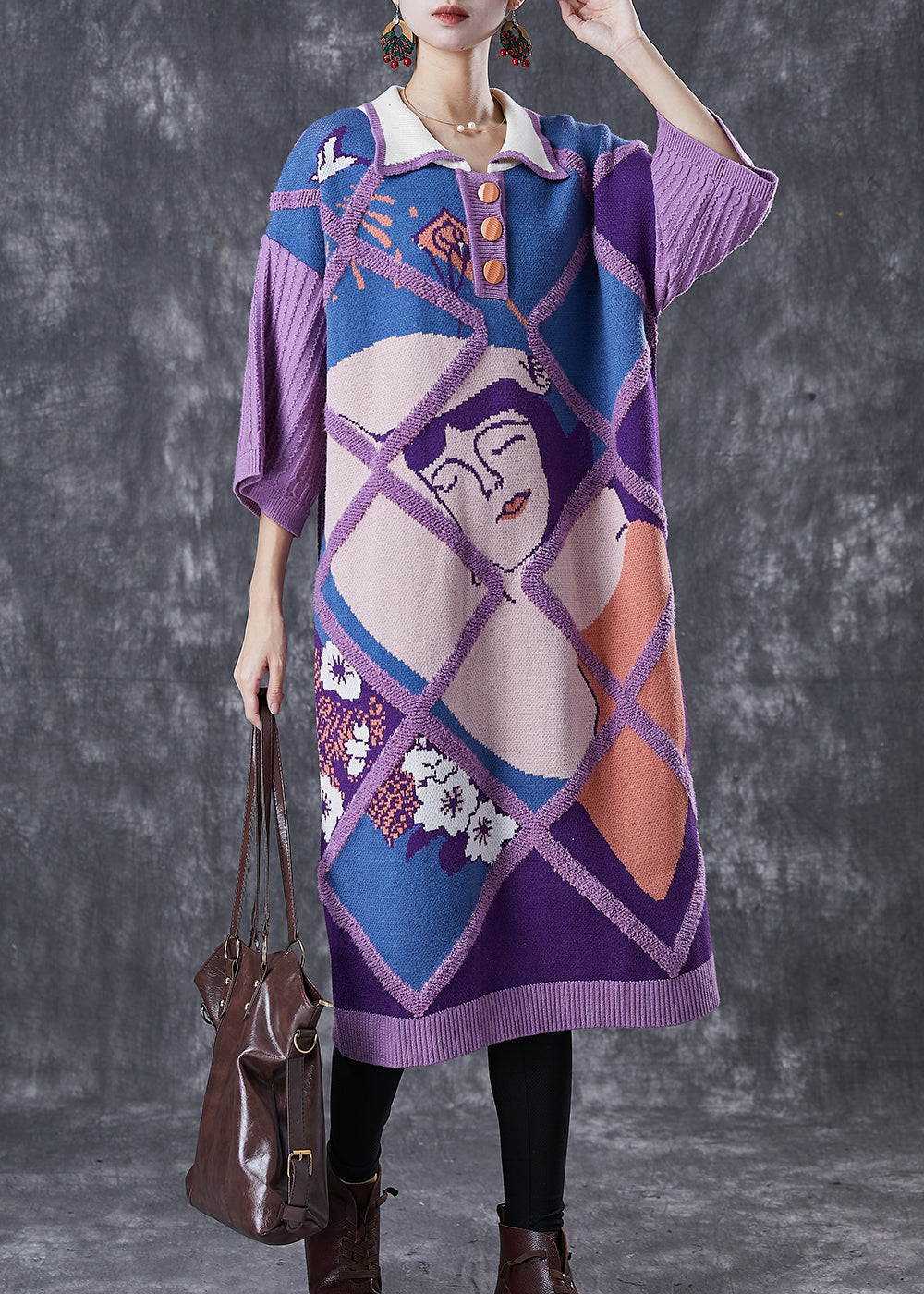 Purple Peter Pan Collar Print Knit Long Sweater Half Sleeve