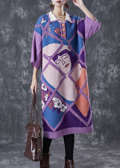 Purple Peter Pan Collar Print Knit Long Sweater Half Sleeve
