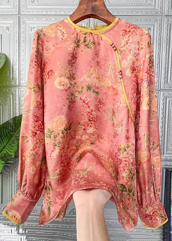 Chinese Style Print O-neck Patchwork Silk Tops Fall