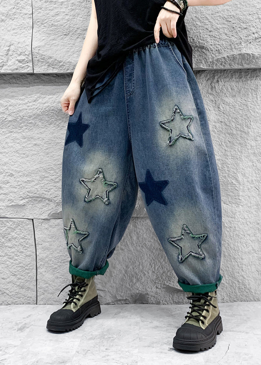 Blue Five Pointed Star Patch Elastic Waist Denim Harlan Pants Spring