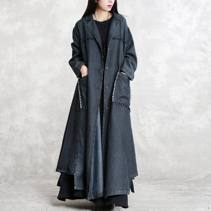 Black Winter Coat Oversized Notched Pockets Long Sleeve Denim Patchwork Long Coats