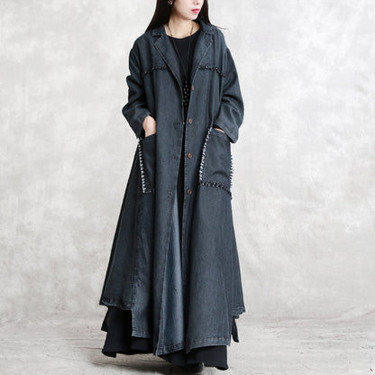 Black Winter Coat Oversized Notched Pockets Long Sleeve Denim Patchwork Long Coats