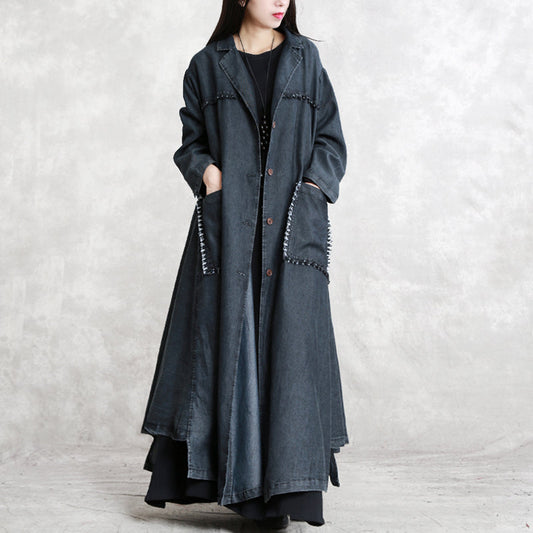 Black Winter Coat Oversized Notched Pockets Long Sleeve Denim Patchwork Long Coats