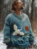 Vintage Japanese Crane & Ocean Art Men's Knit V-neck Sweater artswardrobe