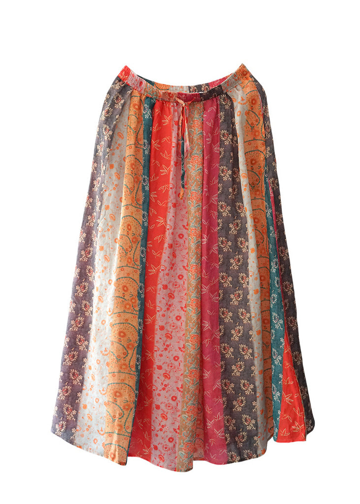 Colorblock Elastic Waist Drawstring Pocket Linen Skirts Spring