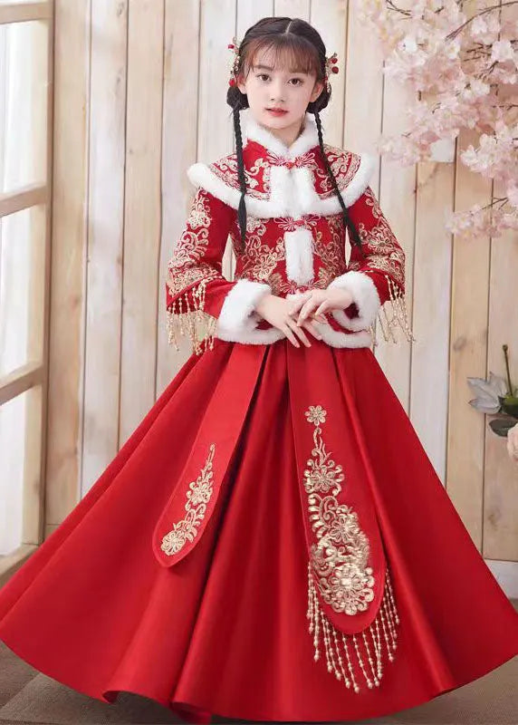 Style Red Embroideried Tassel Coats and Long Skirts Two Piece Set Long Sleeve