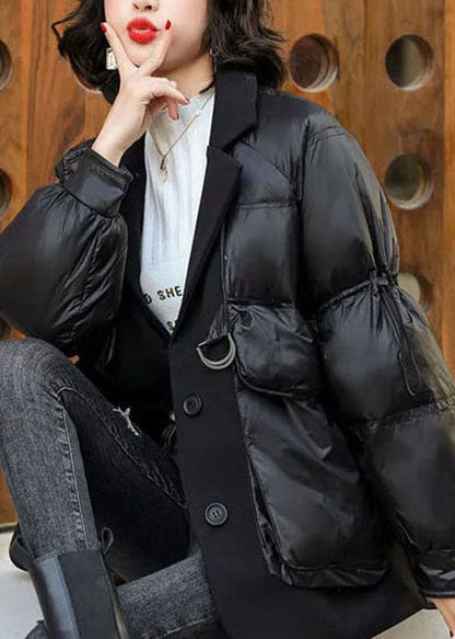 Loose Black Patchwork Pockets Drawstring Winter Duck Down Coat