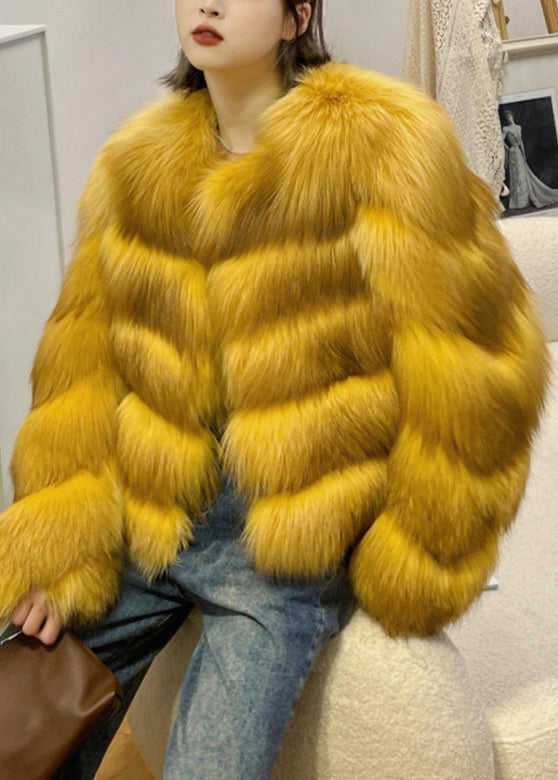 Yellow O-neck Zippered Leather and Fur Coat Winter