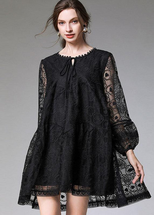Stylish Black Loose Embroideried Spring Long Sleeve Dress
