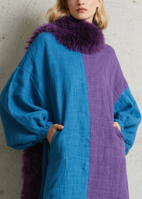 Colorblock Asymmetrical Patchwork Cotton Maxi Dresses Puff Sleeve