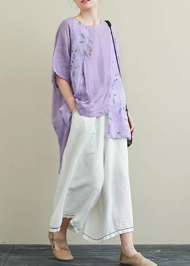 Literature and Art Ramie Purple Printed T-shirt Female Loose Cotton Blend Nine Points Wide Leg Pants Two-piece Suit