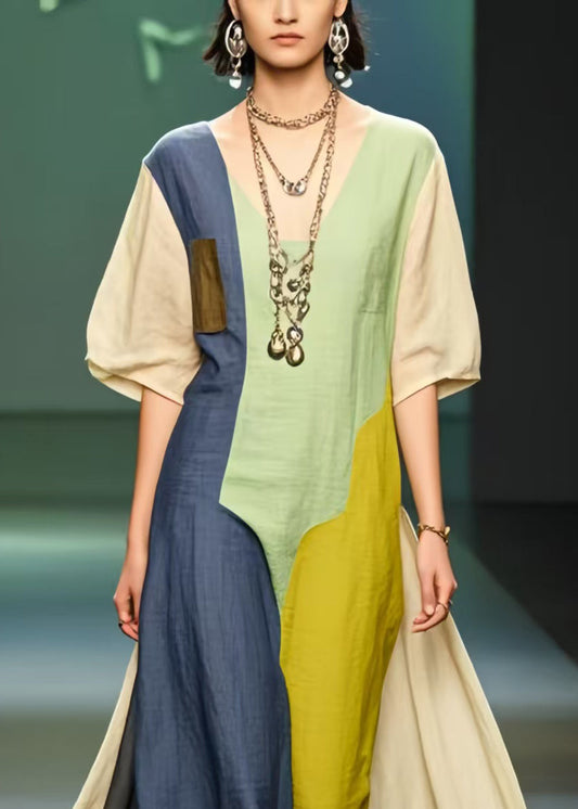 Polychrome Asymmetrical Patchwork Cotton Ankle Dress Summer