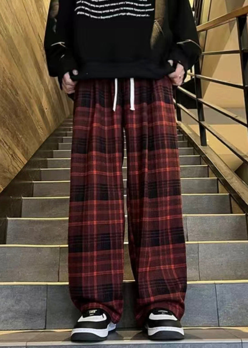 French Red Plaid Elastic Waist Warm Fleece Pants Winter