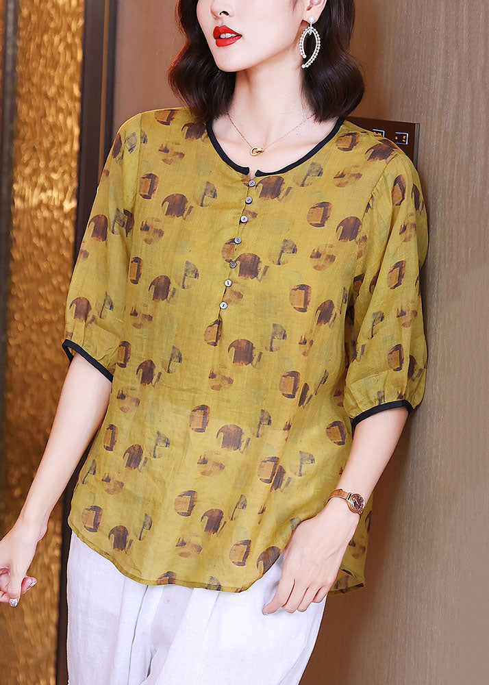 Yellow O Neck Print Patchwork Linen Blouse Tops Summer