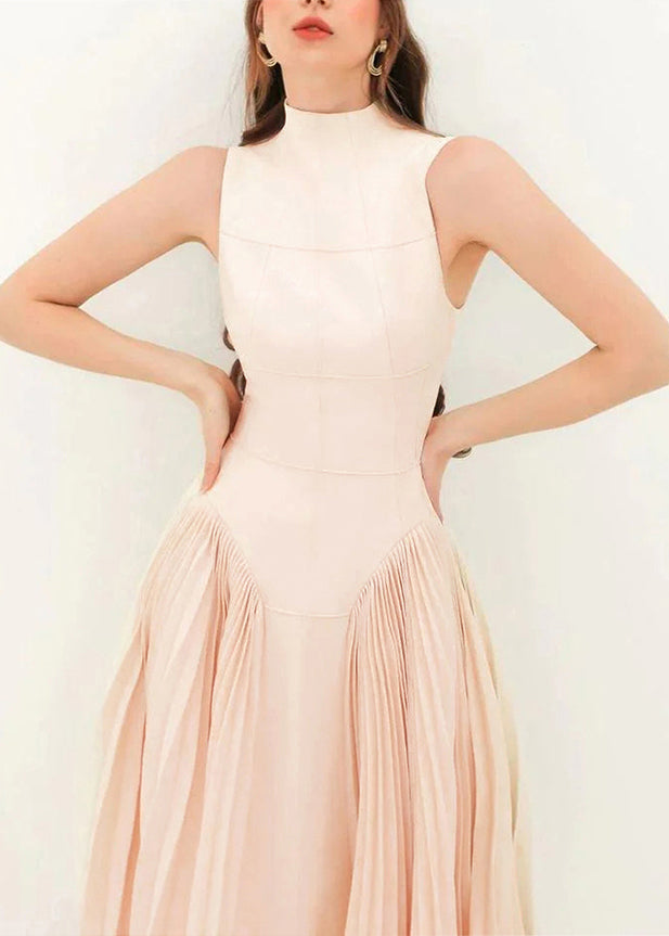 French Apricot Wrinkled Patchwork Spandex Long Dress Sleeveless