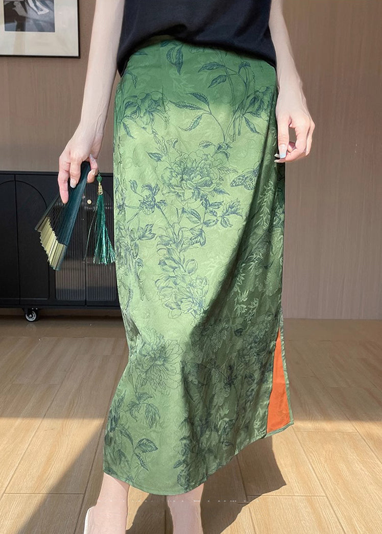 Green Side Open Draping Silk a Line Skirt Summer