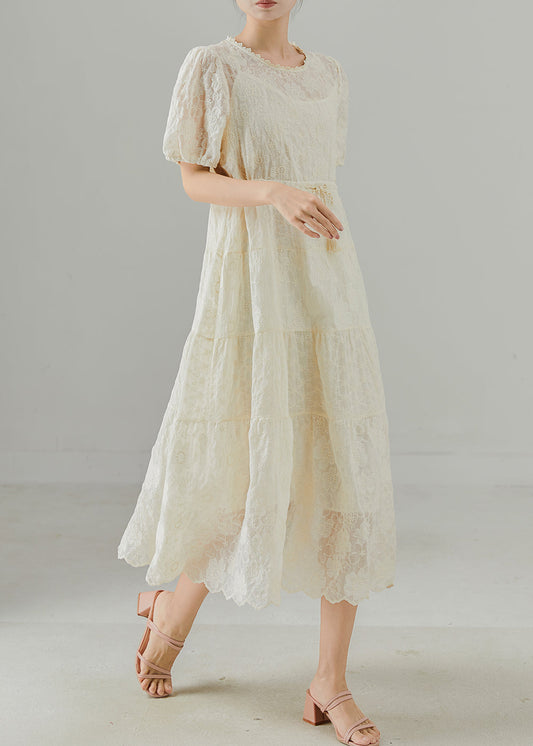 Beige Embroidered Cotton Cinched Dress Summer