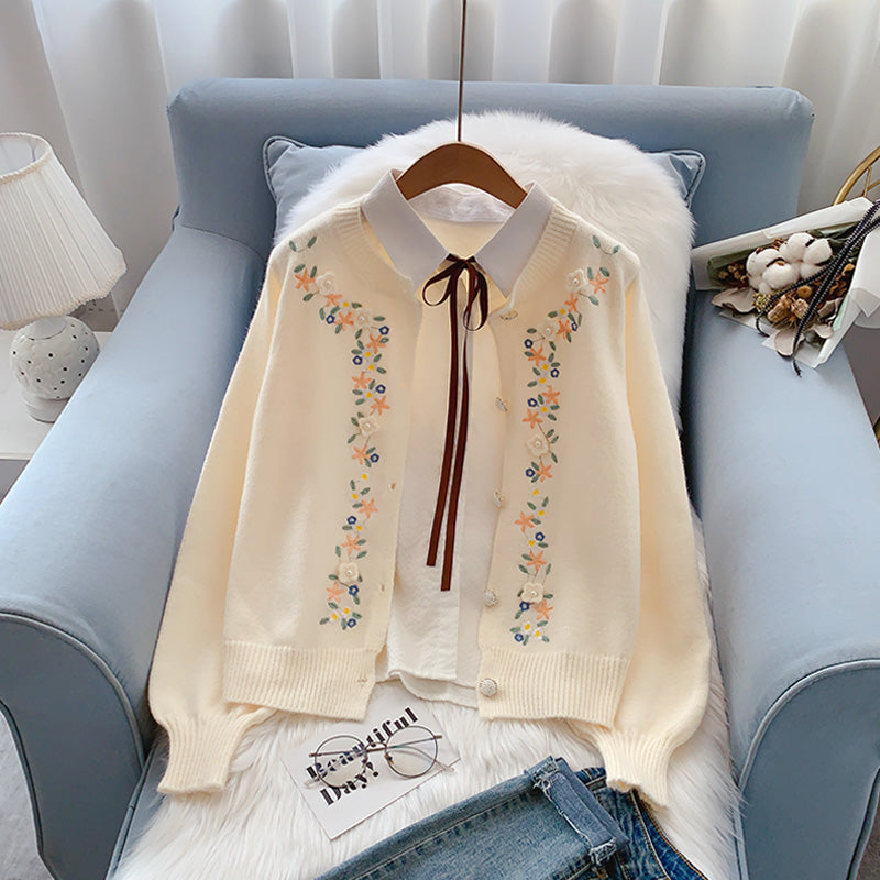 Gentle Fengsen Department Hand Embroidered Flower Sweater Coat 5053