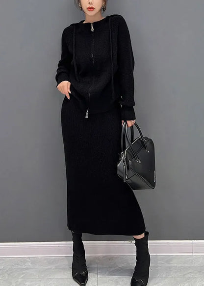 Black Drawstring Hooded Knit Sweaters and Maxi Skirts Two Piece Set Winter