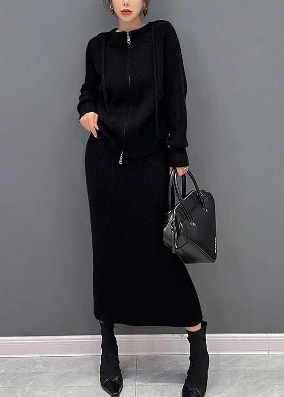 Black Drawstring Hooded Knit Sweaters and Maxi Skirts Two Piece Set Winter
