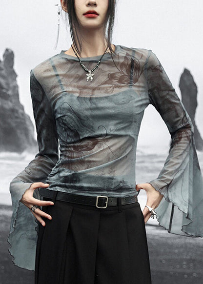 Slim Fit Grey O-neck Print Tulle Tops Flare Sleeve