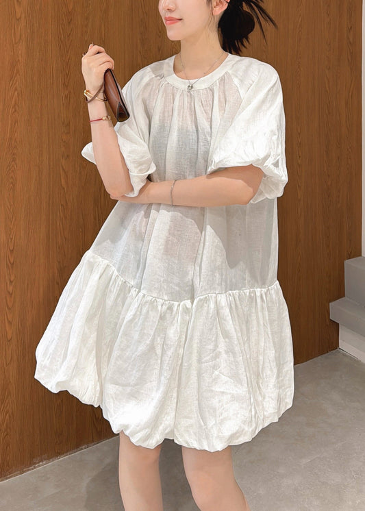 White Wrinkled Linen Mid Dress Puff Sleeve